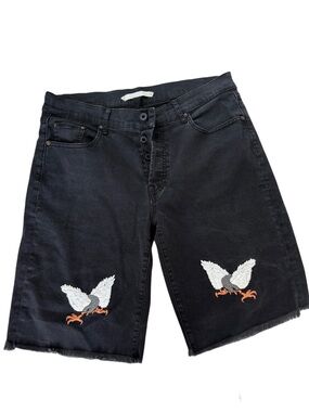 Off-White Black Denim Shorts with Embroidered Doves